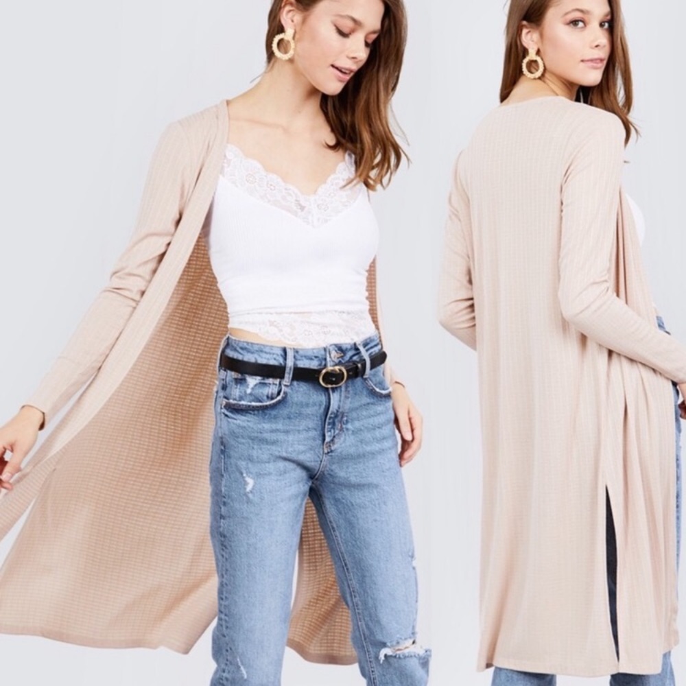 Active USA Side Slit Open Cardigan Duster in Taupe Tan Size Large